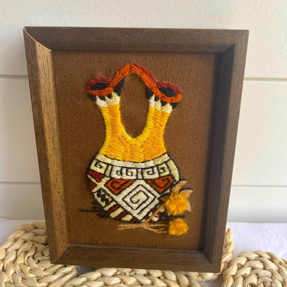 Vintage Handcrafted Southwestern Style Crewel Embroidered Vase Framed Artwork